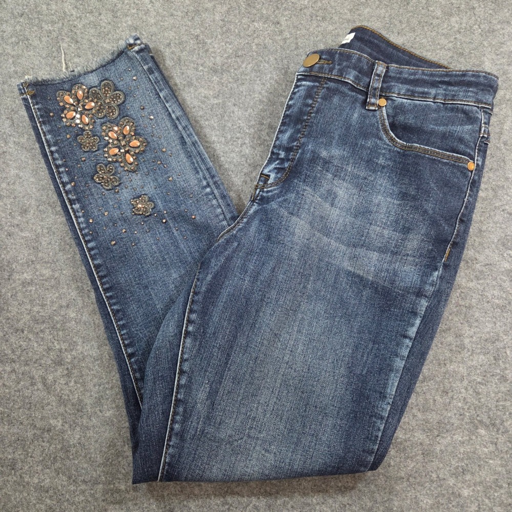 Tribal Jeans Womens 10 Ankle Jegging Rhinestone Floral Embellished Raw Hem Blue
